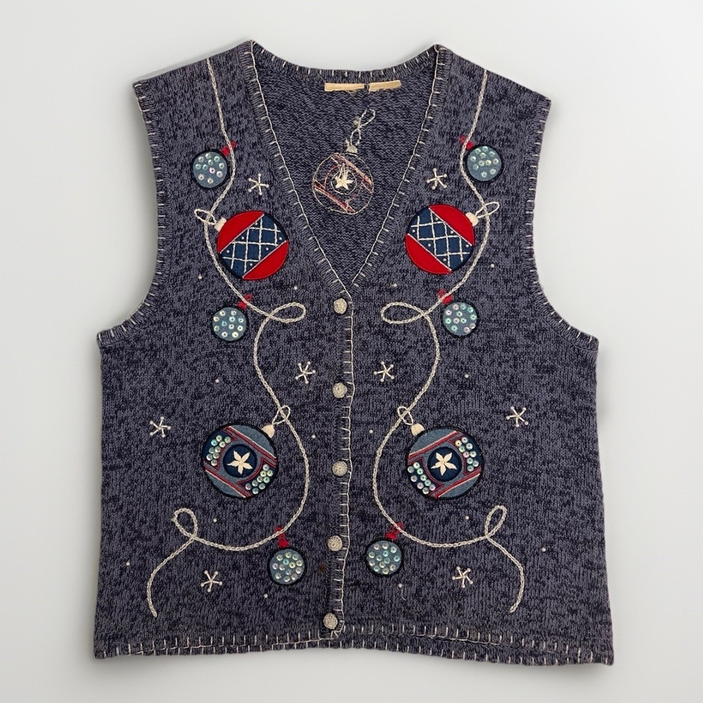 Vintage Christmas Cardigan Blue Sweater Vest‎ Ornaments Balls